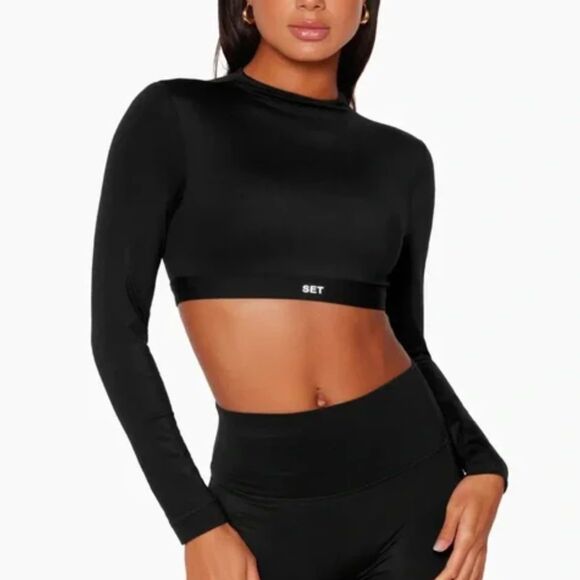 Set Active Black Cropped Long Sleeve Workout Top, Size S, NWOT - Picture 1 of 7